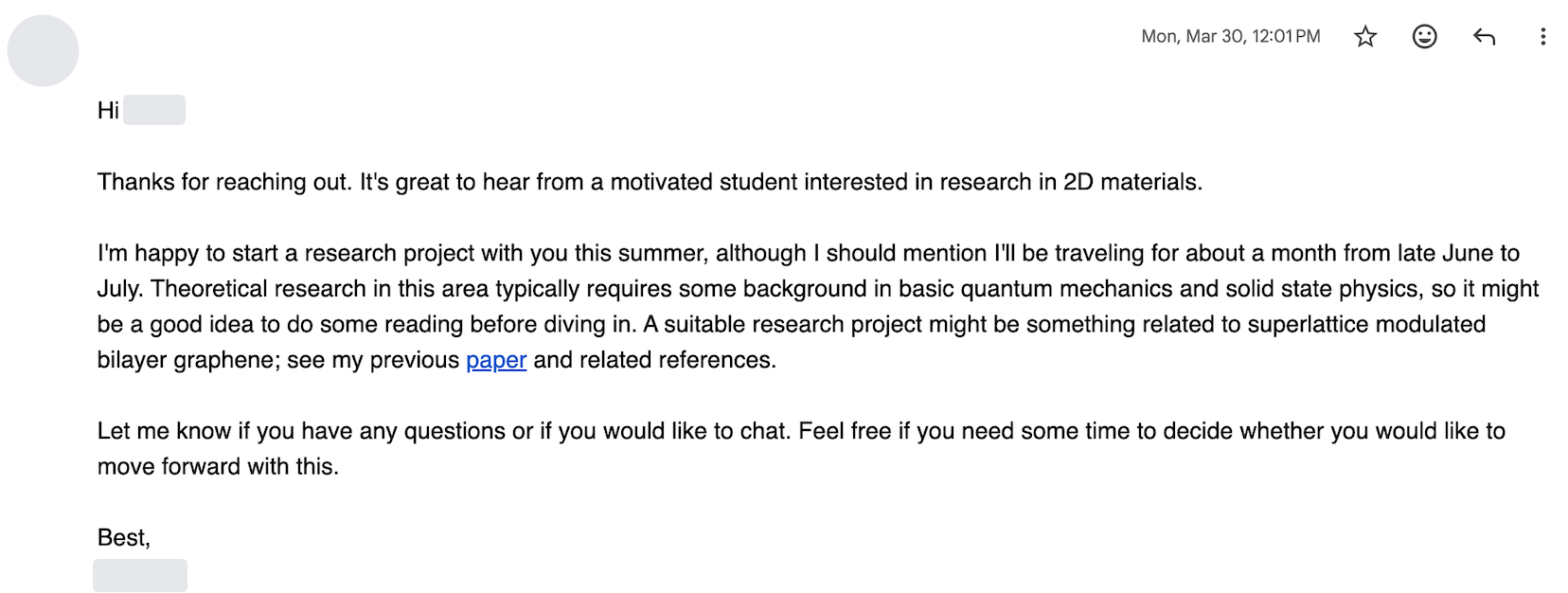 Real reply email from a professor